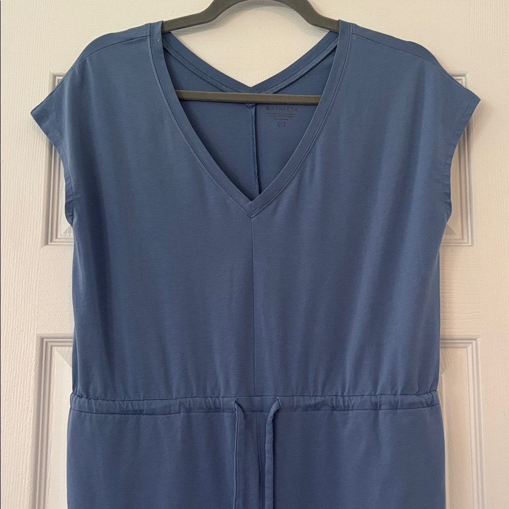 Athleta Willow Blue Drawstring Waist Wide Leg Lightweight V-Neck Jumpsuit XS - Picture 4 of 6